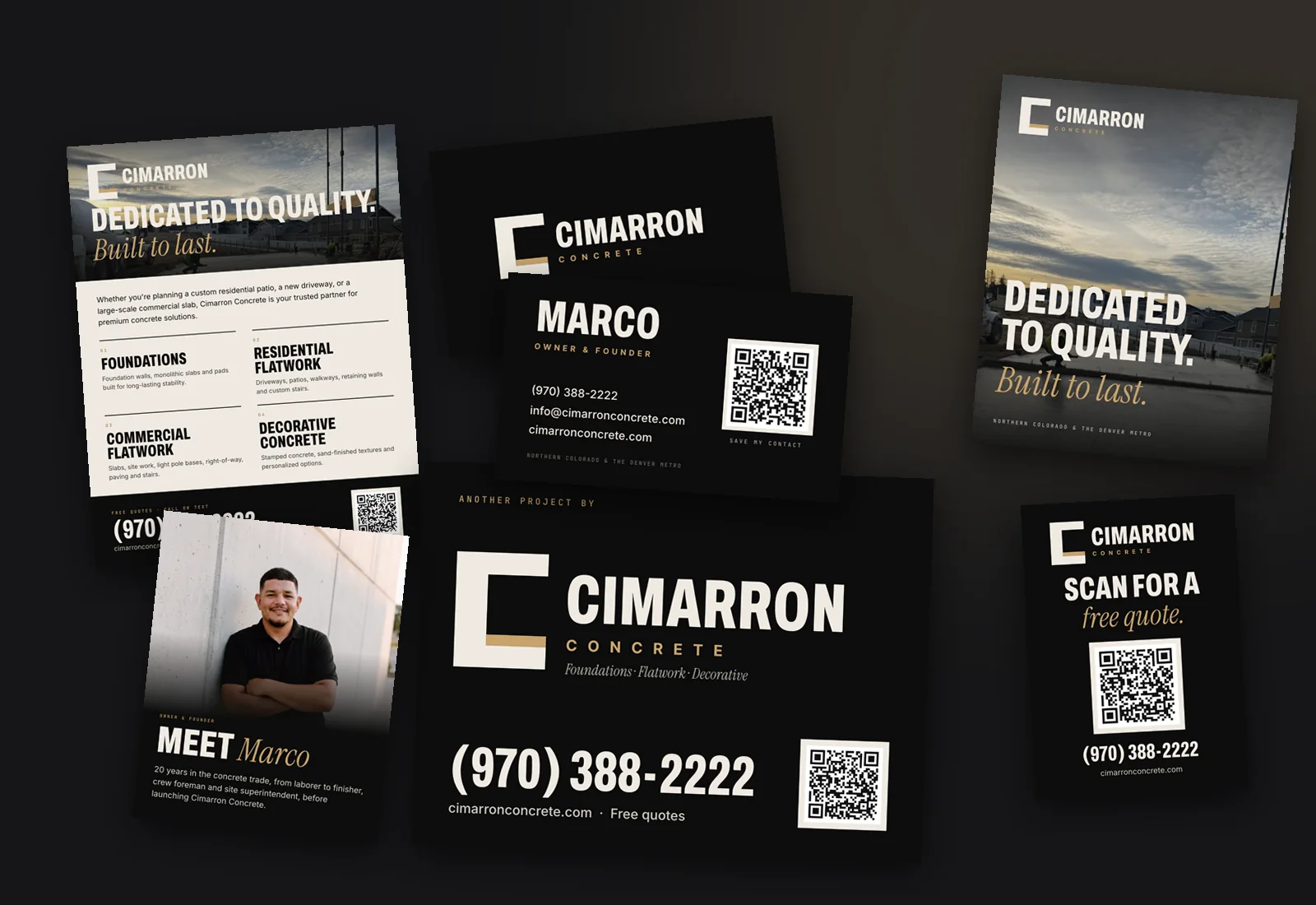 A brand kit: business cards, signs, apparel and social graphics